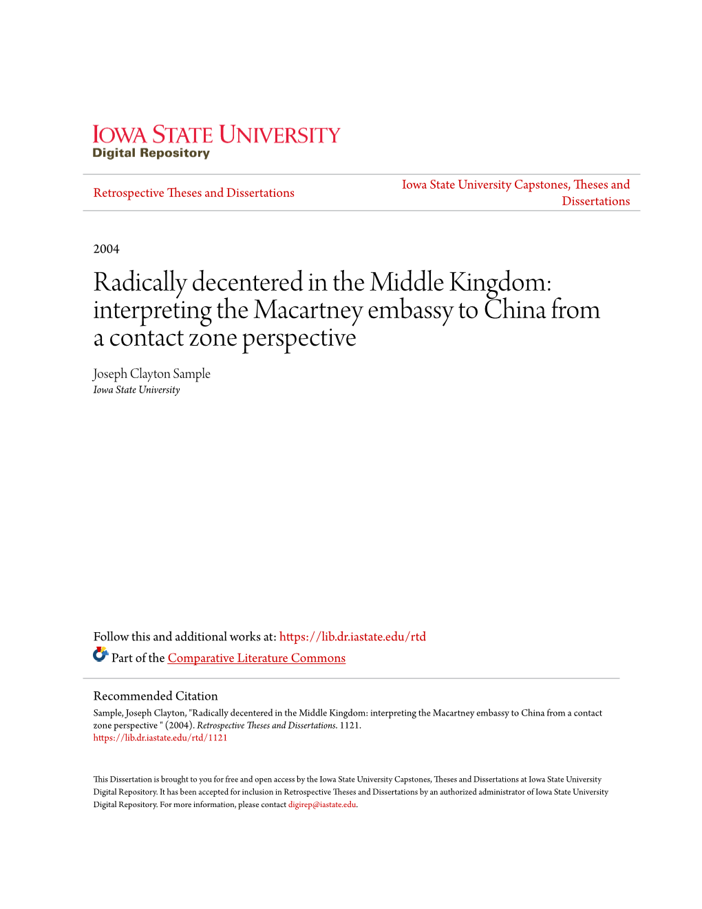 Interpreting the Macartney Embassy to China from a Contact Zone Perspective Joseph Clayton Sample Iowa State University