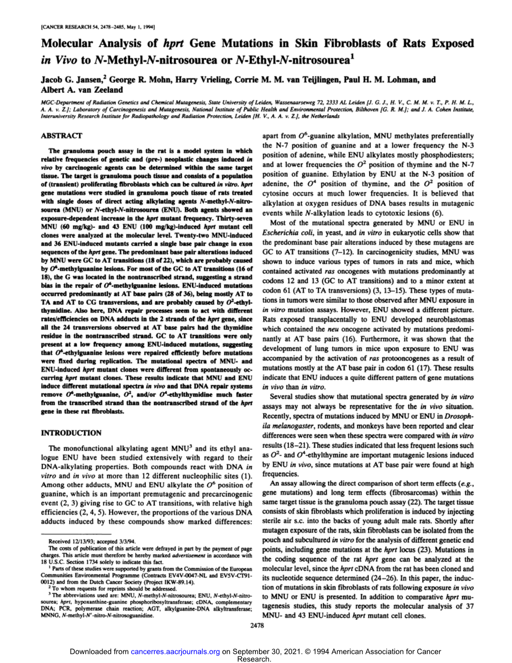 Molecular Analysis of Hprt Gene Mutations in Skin Fibroblasts of Rats Exposed in Vivo to N-Methyl-N-Nitrosourea Or N-Ethyl-N-Nitrosourea'