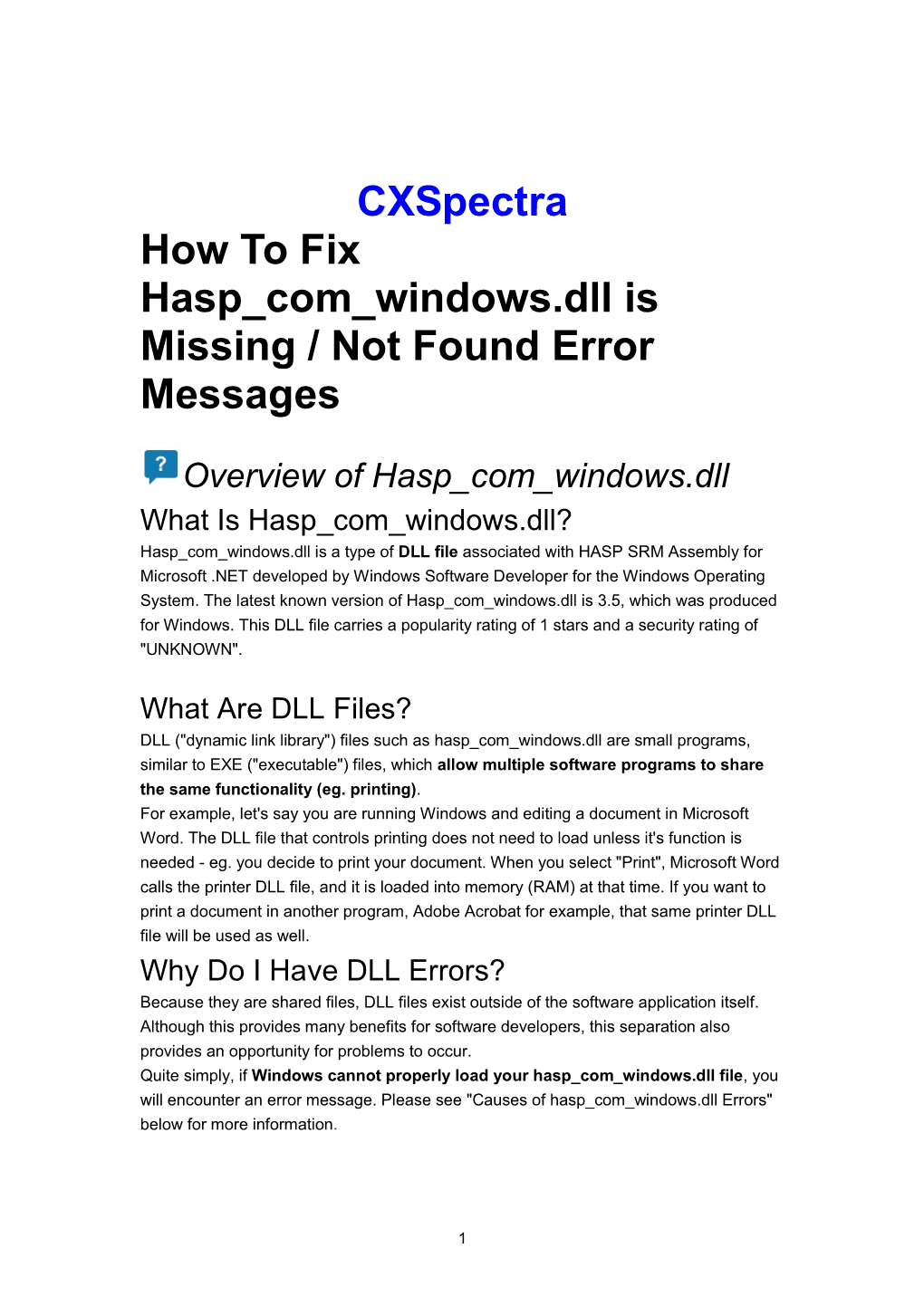 Cxspectra How to Fix Hasp Com Windows.Dll Is Missing / Not Found Error Messages