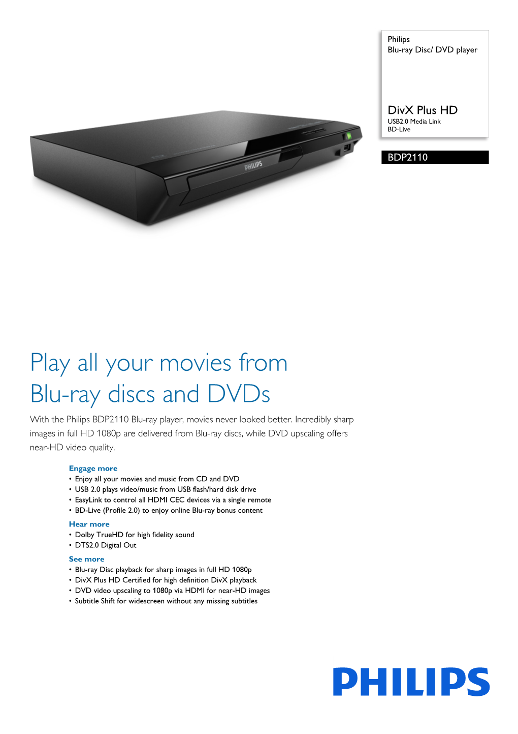 BDP2110/12 Philips Blu-Ray Disc/ DVD Player