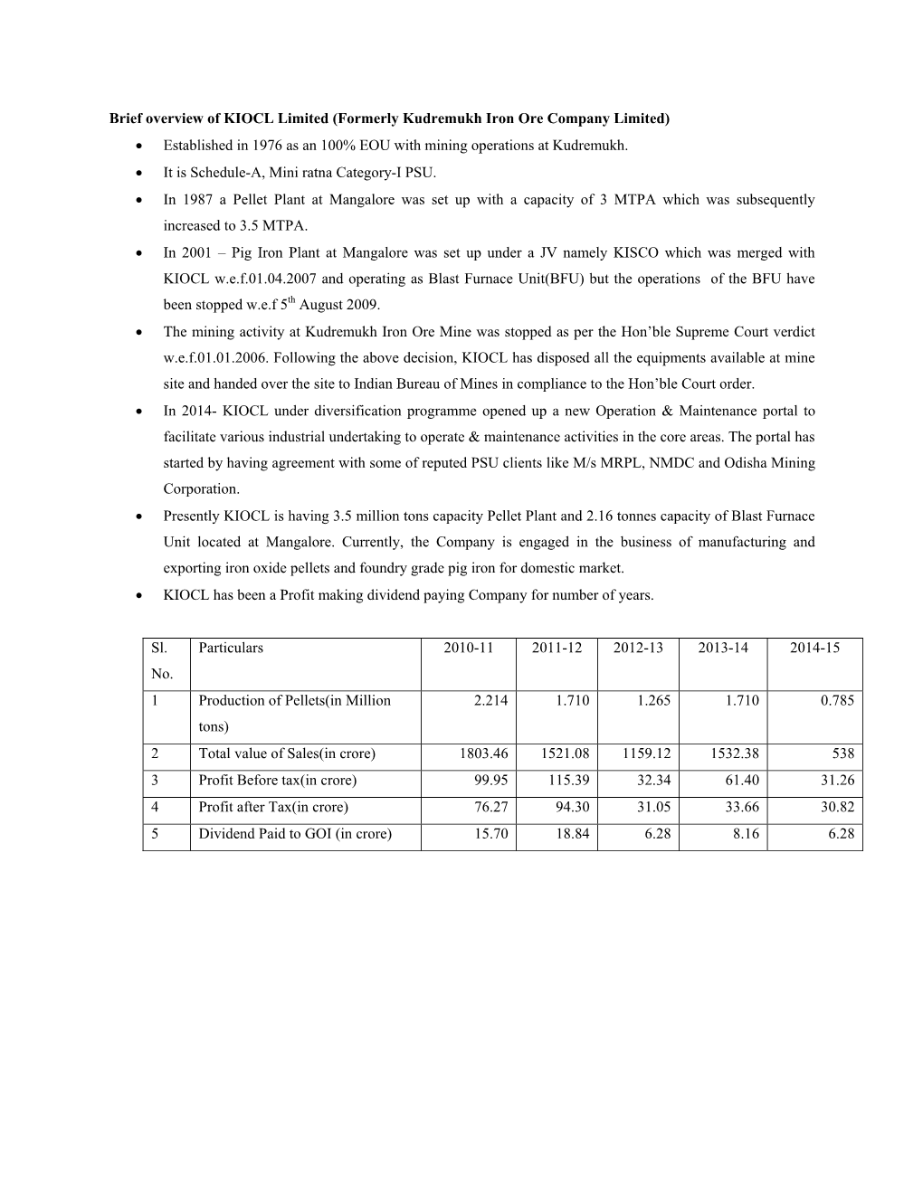 Brief Overview of KIOCL Limited (Formerly Kudremukh Iron Ore Company Limited)  Established in 1976 As an 100% EOU with Mining Operations at Kudremukh