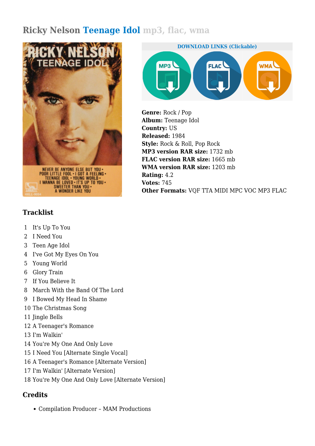 Ricky Nelson Teenage Idol Mp3, Flac, Wma