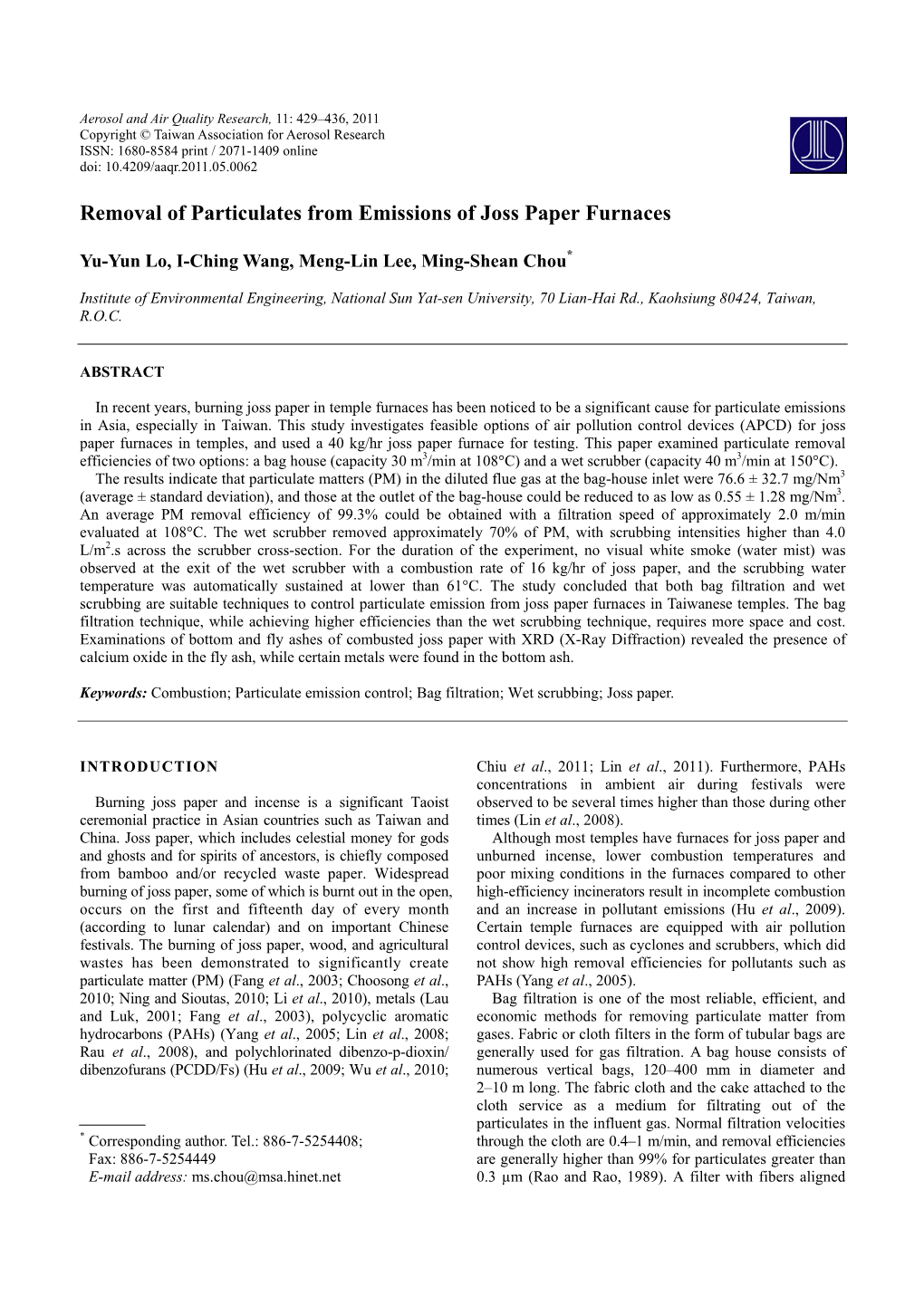 Removal of Particulates from Emissions of Joss Paper Furnaces