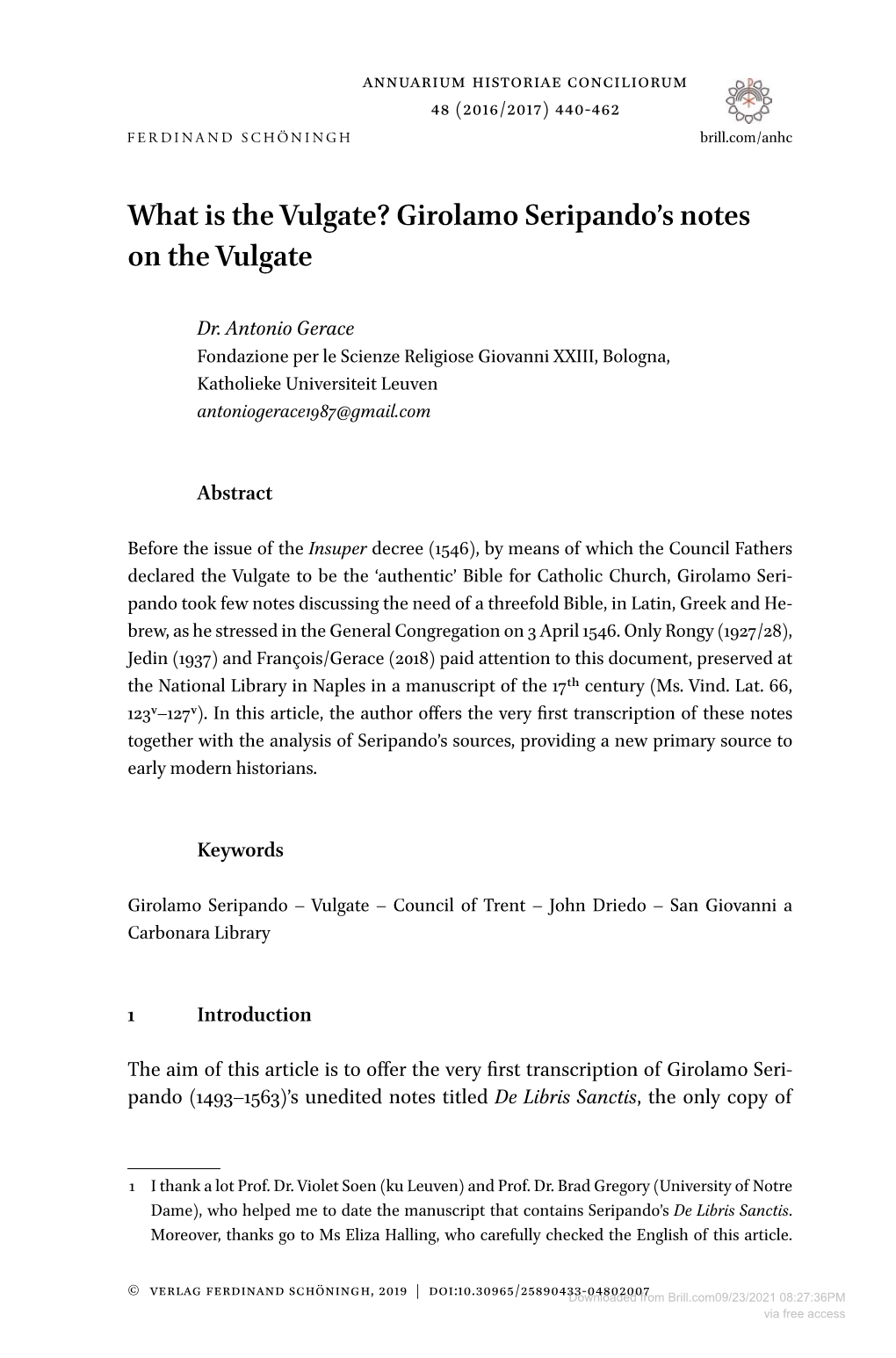 What Is the Vulgate? Girolamo Seripando's Notes on the Vulgate