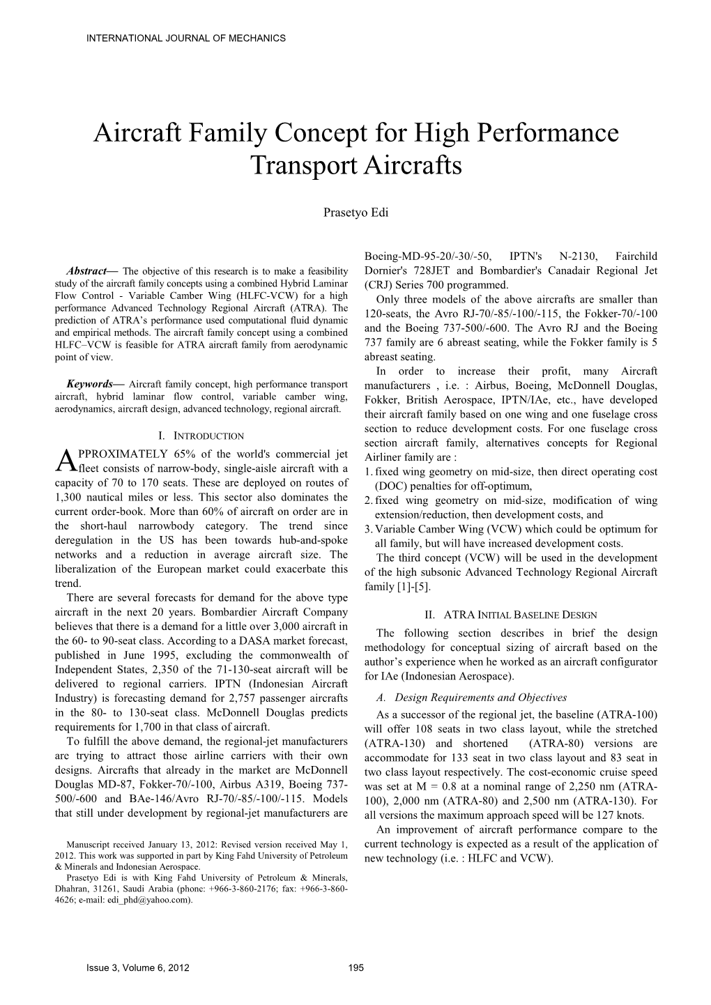 Aircraft Family Concept for High Performance Transport Aircrafts
