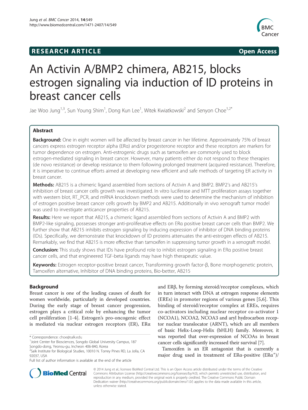 An Activin A/BMP2 Chimera, AB215, Blocks Estrogen Signaling Via Induction of ID Proteins in Breast Cancer Cells