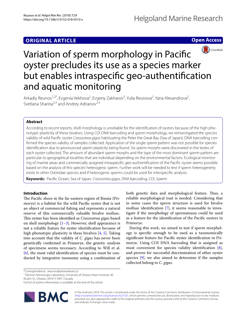 Variation of Sperm Morphology in Pacific Oyster Precludes Its Use As a Species Marker but Enables Intraspecific Geo-Authentifica