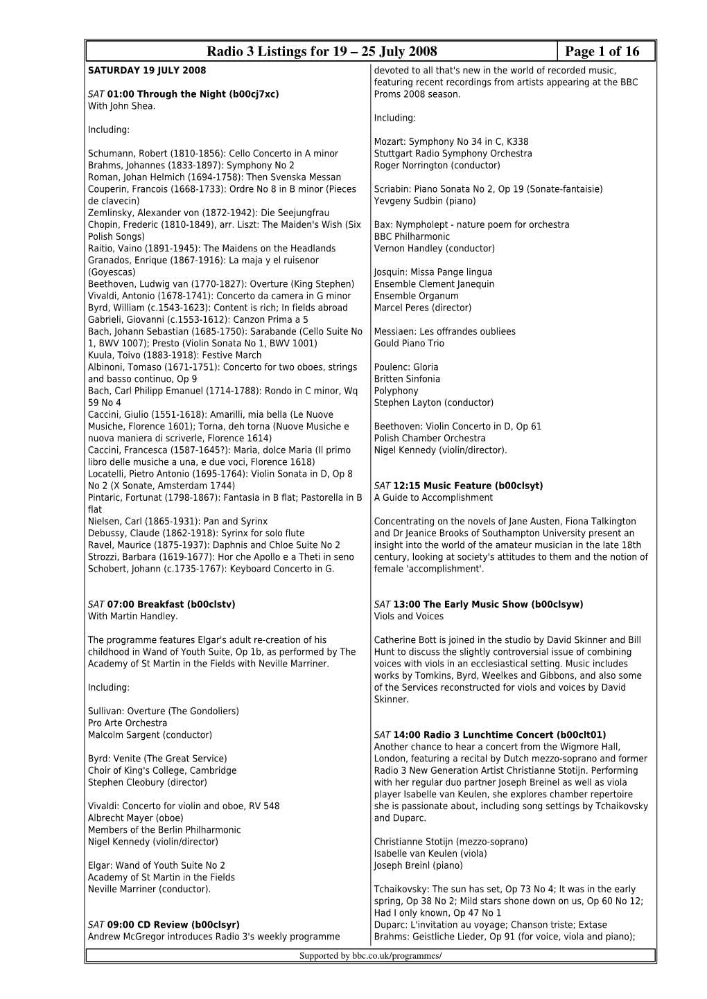 Radio 3 Listings for 19 – 25 July 2008 Page 1 Of
