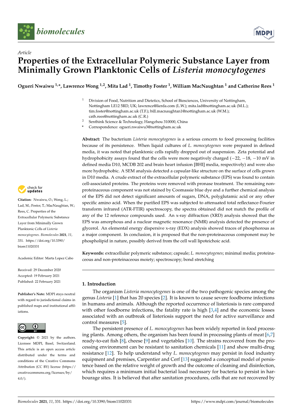 Properties of the Extracellular Polymeric Substance Layer from Minimally Grown Planktonic Cells of Listeria Monocytogenes