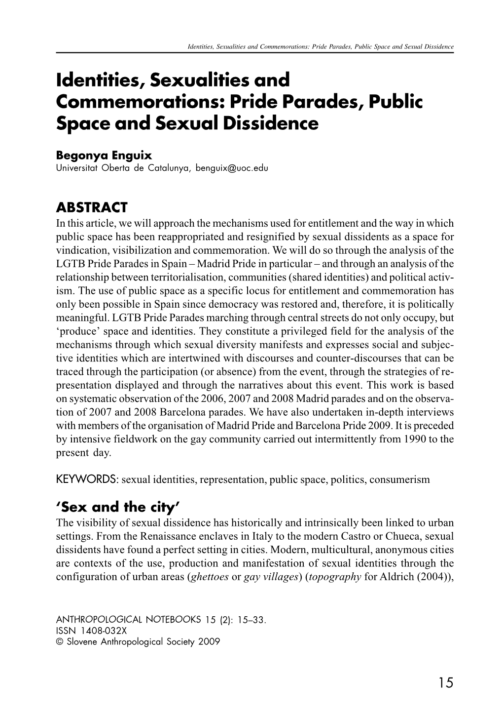 Pride Parades, Public Space and Sexual Dissidence