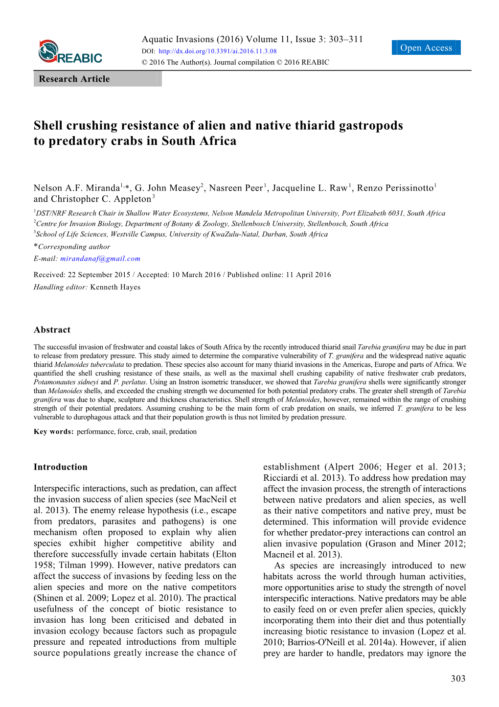 Shell Crushing Resistance of Alien and Native Thiarid Gastropods to Predatory Crabs in South Africa