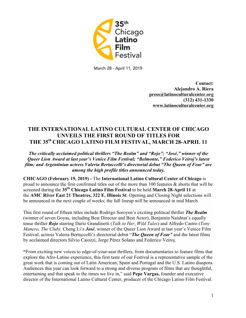 THE INTERNATIONAL LATINO CULTURAL CENTER of CHICAGO UNVEILS the FIRST ROUND of TITLES for the 35Th CHICAGO LATINO FILM FESTIVAL, MARCH 28-APRIL 11