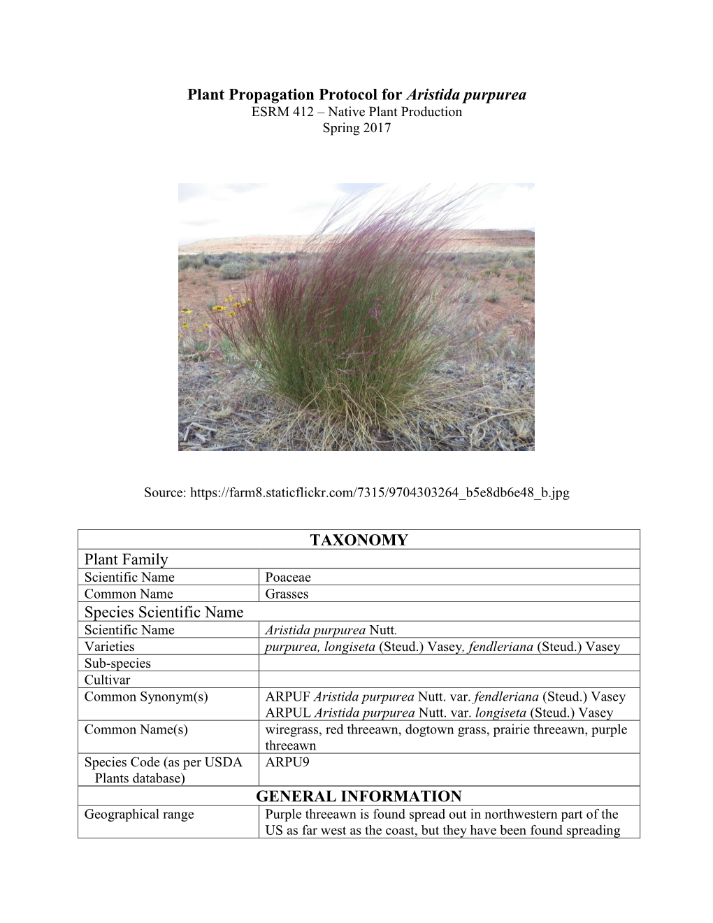 Plant Propagation Protocol for Aristida Purpurea TAXONOMY Plant