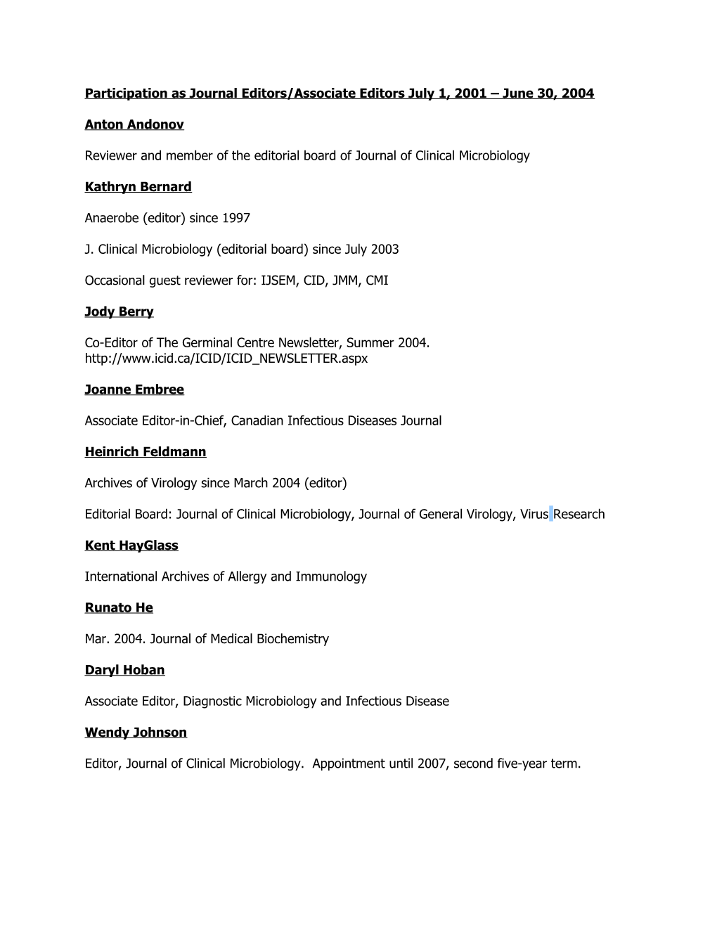 Participation As Journal Editors/Associate Editors July 1, 2001 June 30, 2004