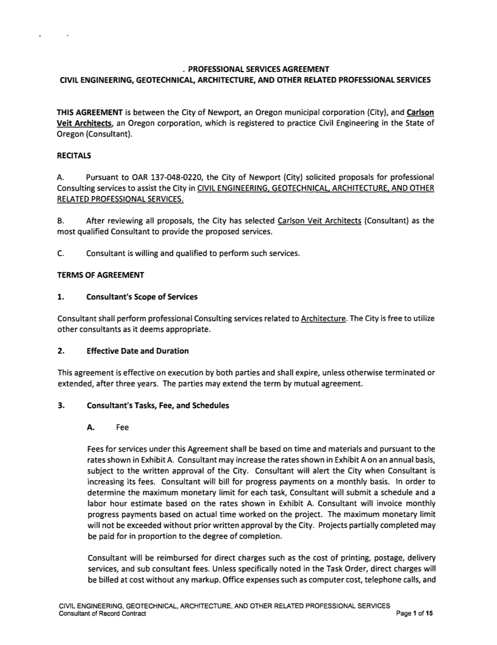 Professional Services Agreement Civil Engineering, Geotechnical, Architecture, and Other Related Professional Services