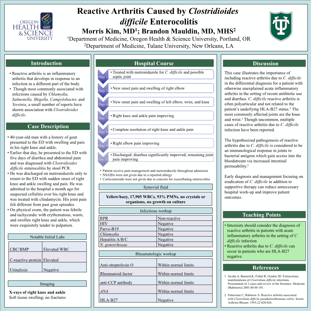 Reactive Arthritis Caused by Clostridium Difficile Enterocolitis