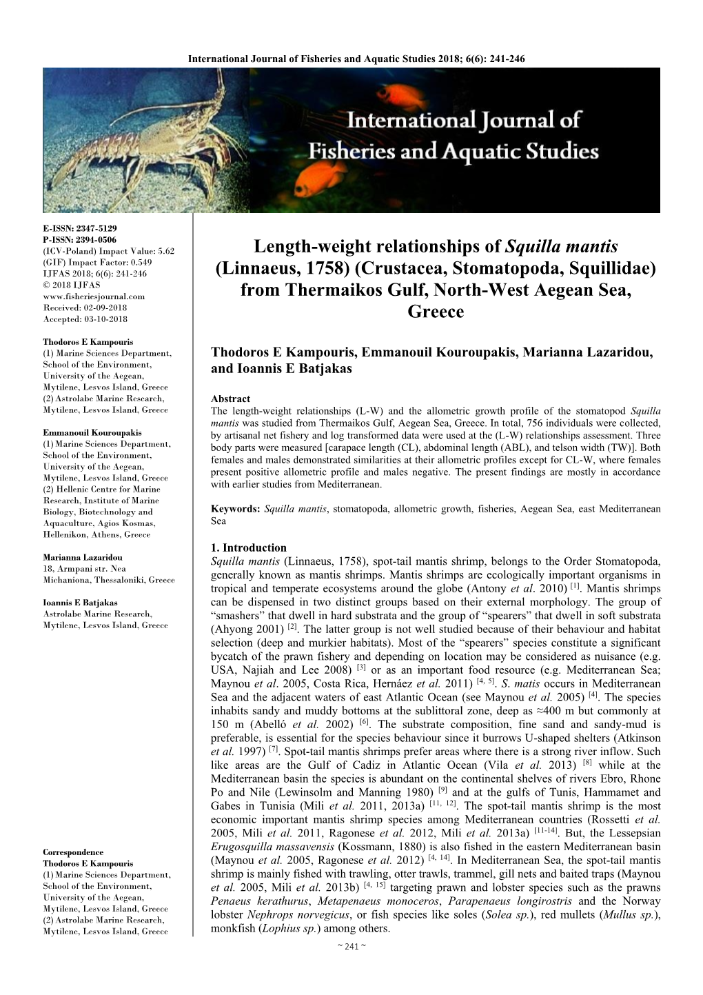 Length-Weight Relationships of Squilla Mantis (Linnaeus, 1758)