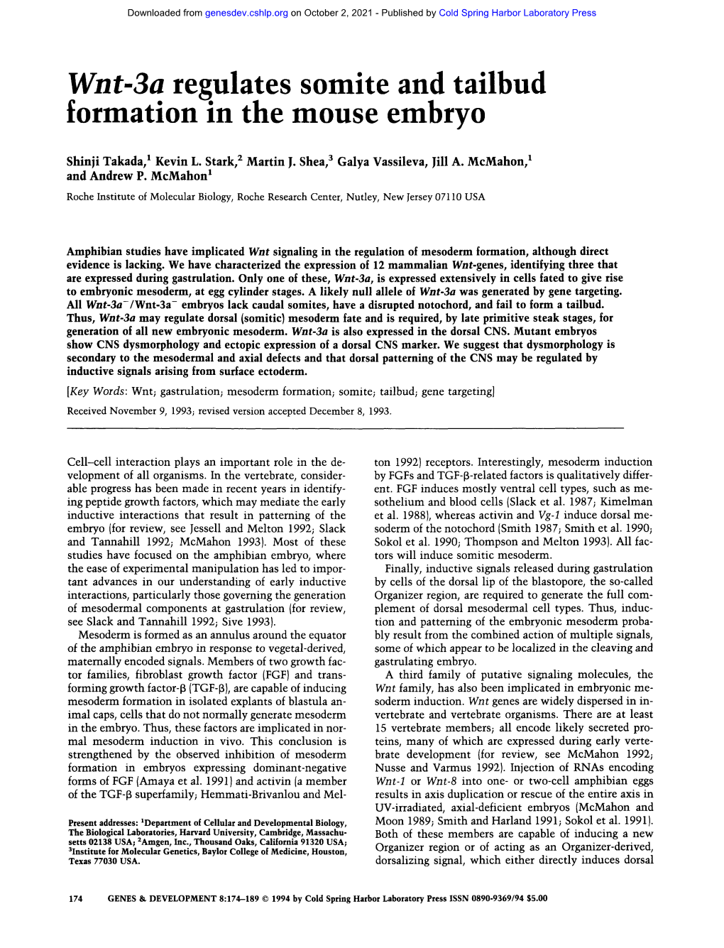 Wnt-3A Regulates Somite and Tailbud Formation in the Mouse Embryo