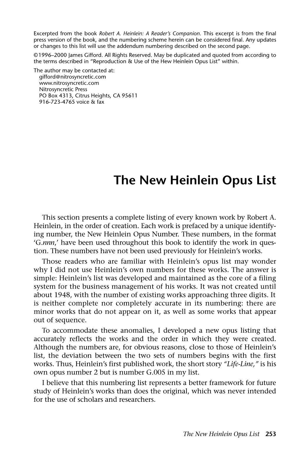 The New Heinlein Opus List