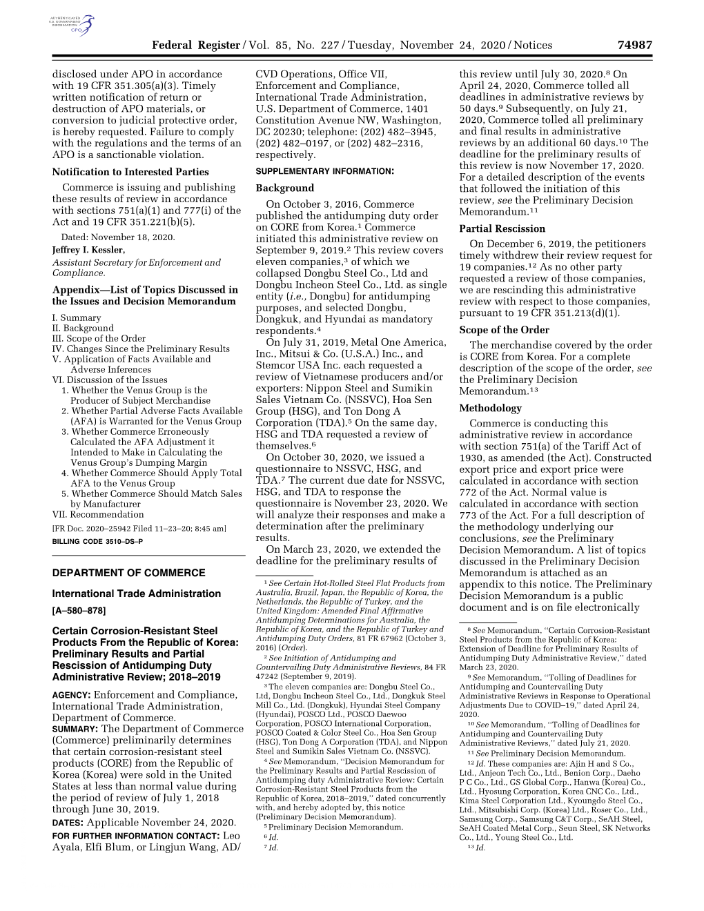 Federal Register/Vol. 85, No. 227/Tuesday, November 24, 2020