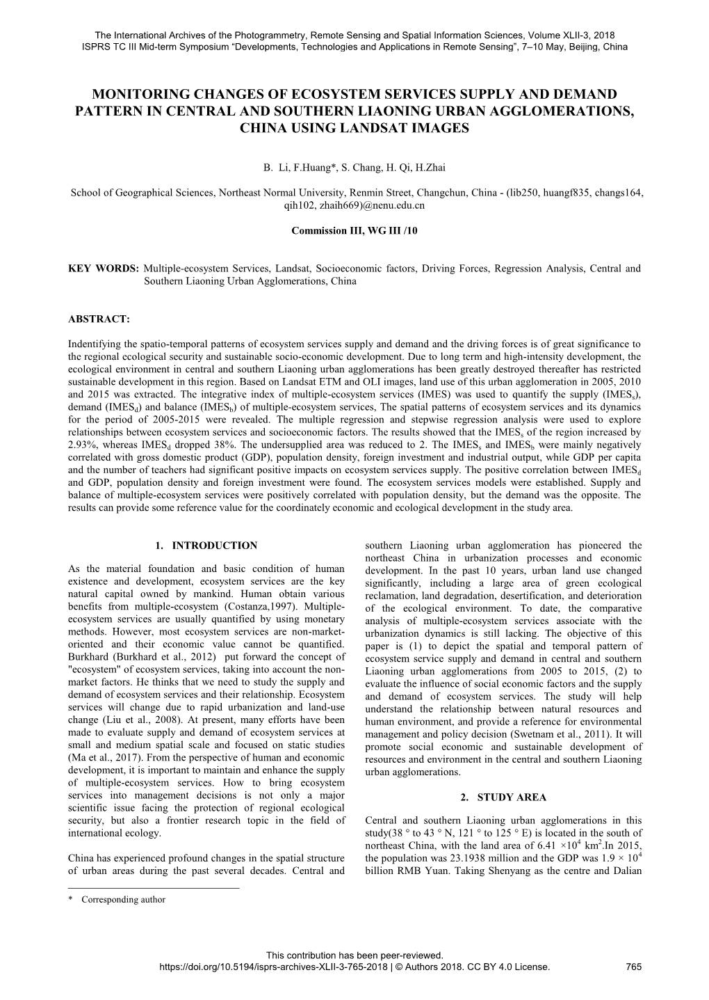 Monitoring Changes of Ecosystem Services Supply and Demand Pattern in Central and Southern Liaoning Urban Agglomerations, China Using Landsat Images