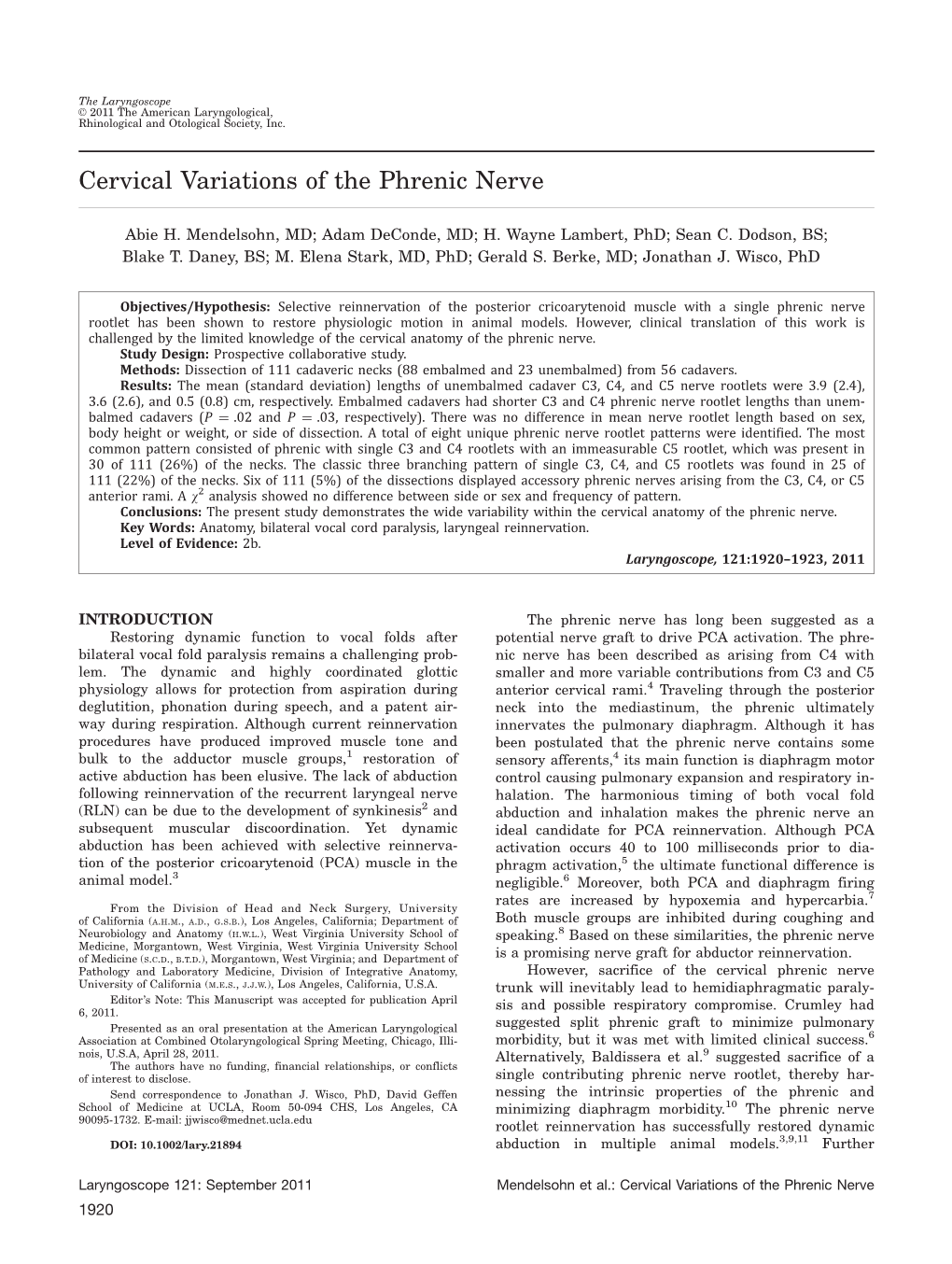 Cervical Variations of the Phrenic Nerve