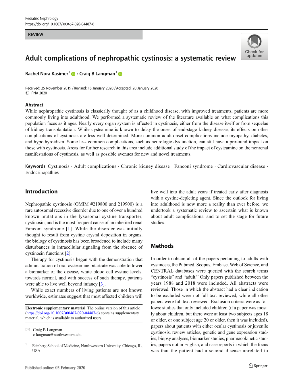 Adult Complications of Nephropathic Cystinosis: a Systematic Review