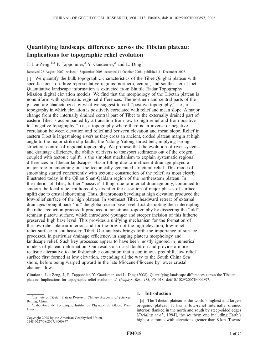 Quantifying Landscape Differences Across the Tibetan Plateau: Implications for Topographic Relief Evolution J