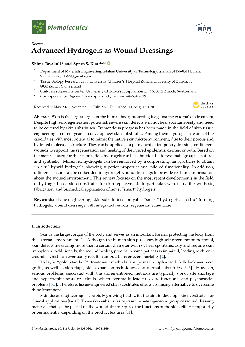 Advanced Hydrogels As Wound Dressings