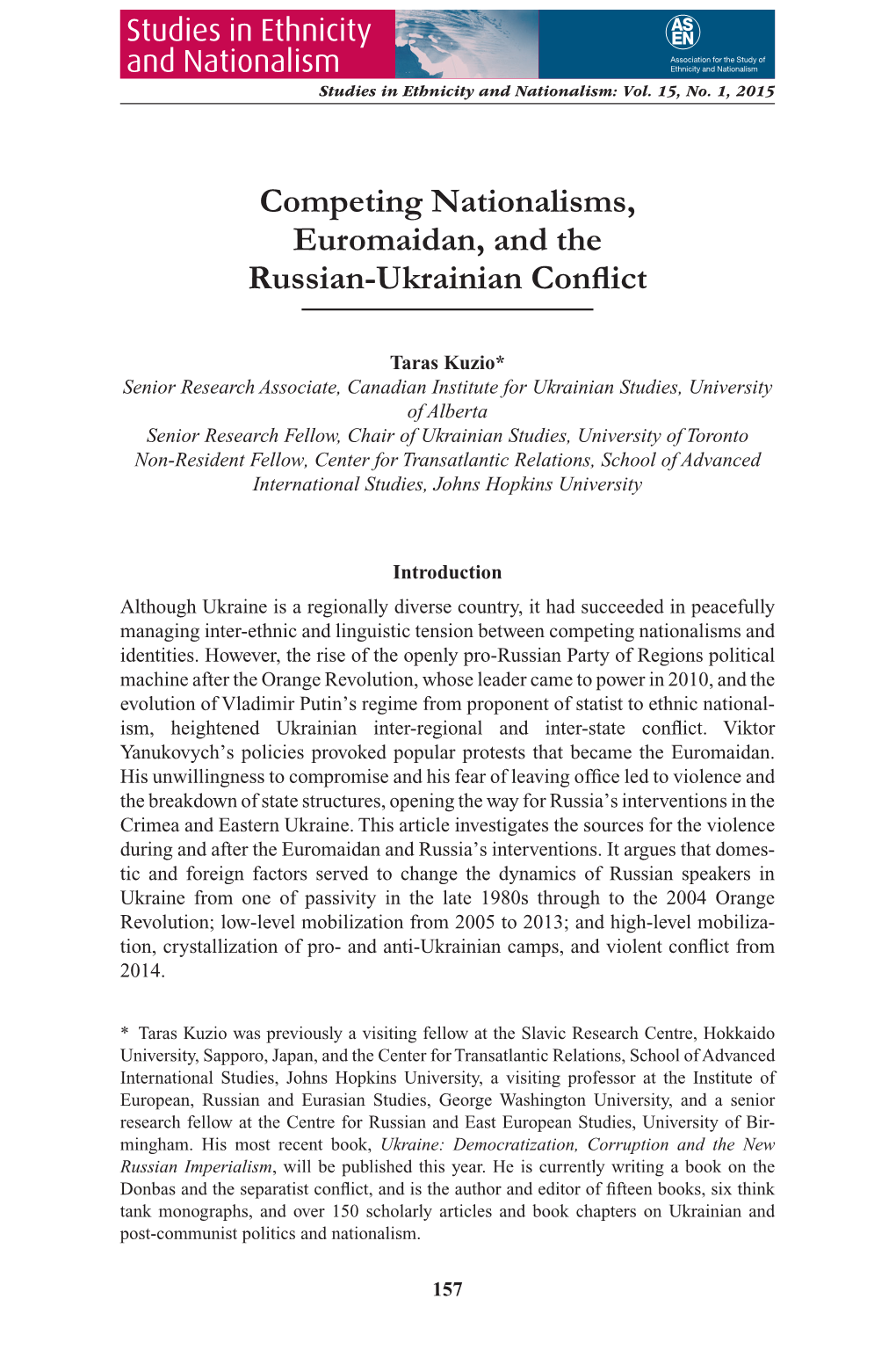 Competing Nationalisms, Euromaidan, and the Russian-Ukrainian Conflict