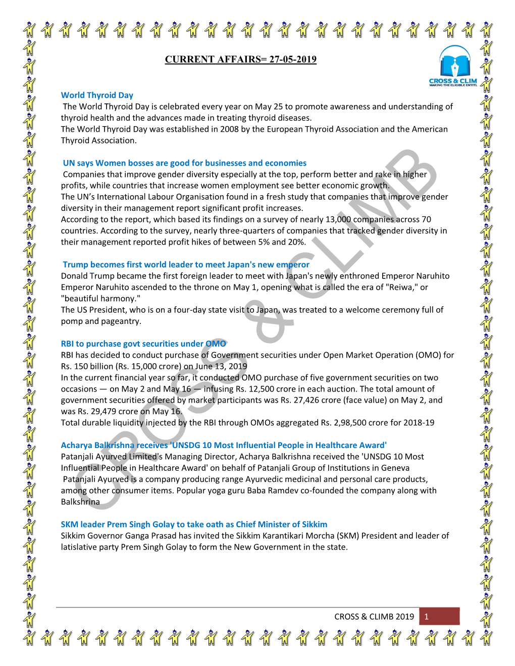 Current Affairs= 27-05-2019