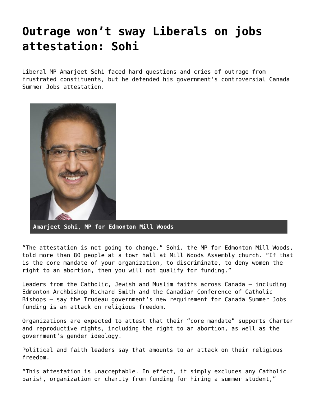 Outrage Won't Sway Liberals on Jobs Attestation: Sohi