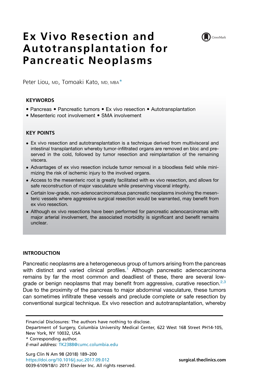 Ex Vivo Resection and Autotransplantation for Pancreatic Neoplasms