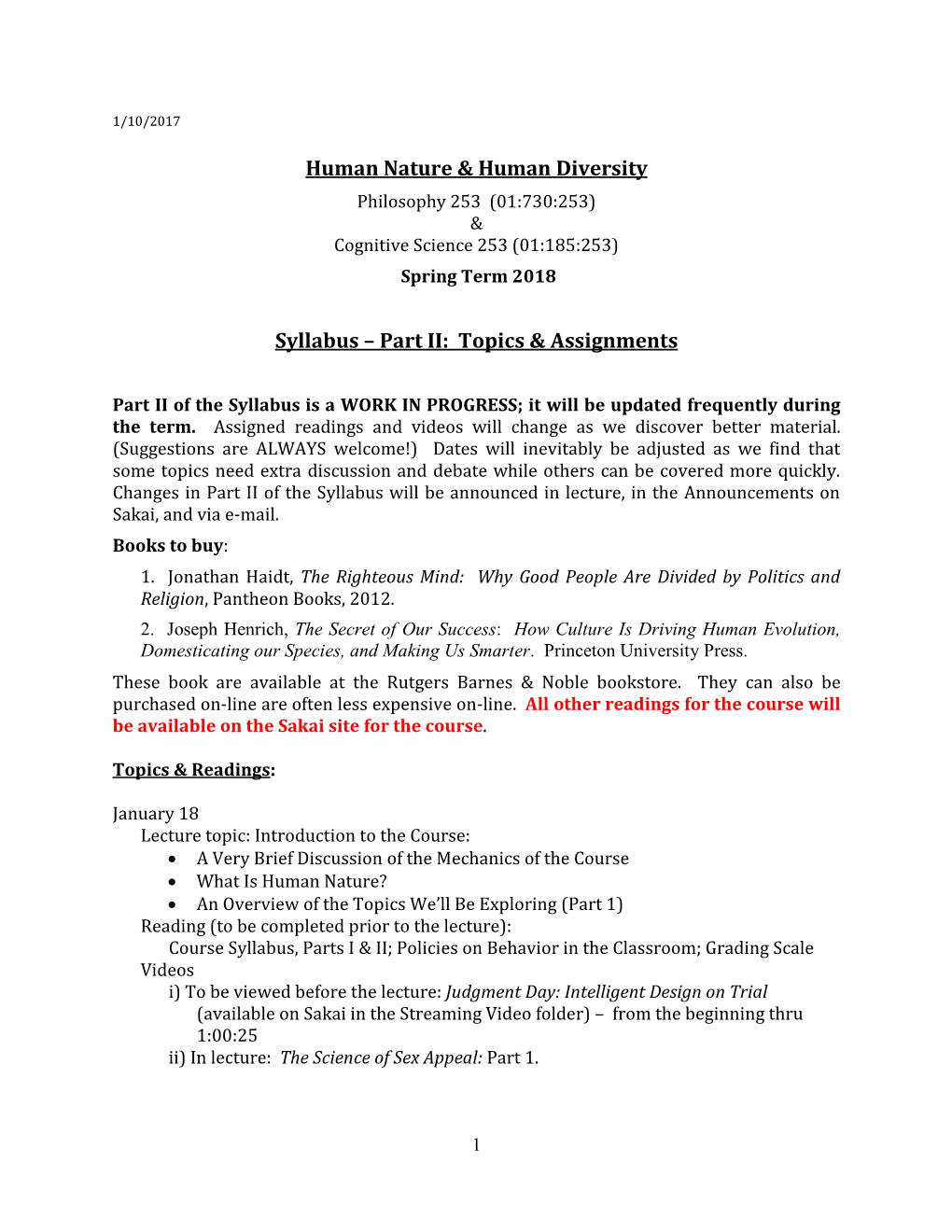 Human Nature & Human Diversity Syllabus – Part II: Topics