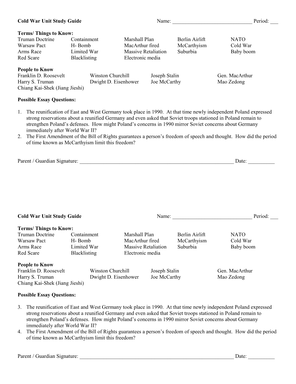 Cold War Unit Study Guide