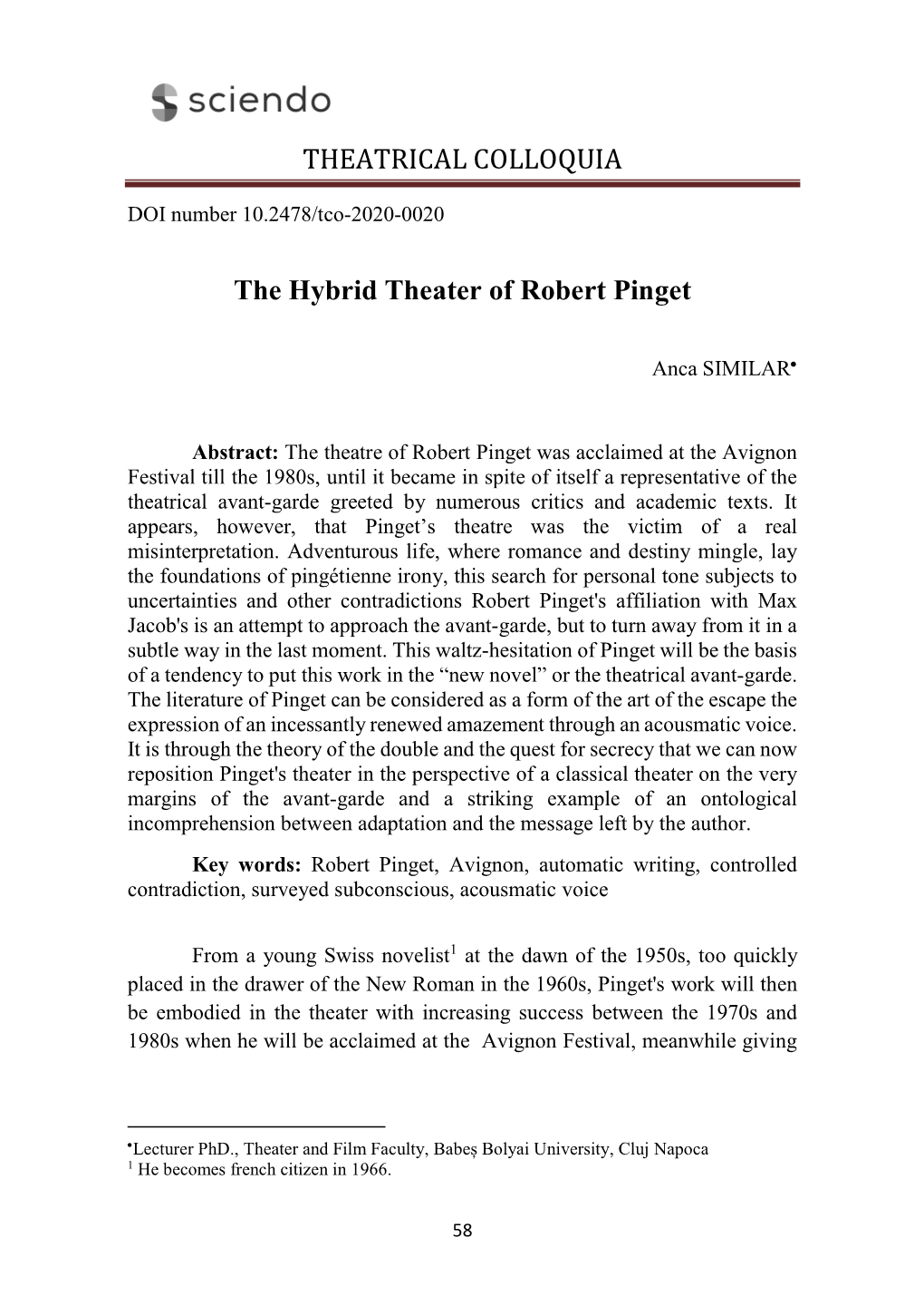 THEATRICAL COLLOQUIA the Hybrid Theater of Robert Pinget