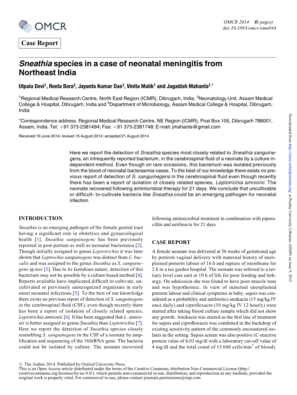 Sneathia Species in a Case of Neonatal Meningitis from Northeast India