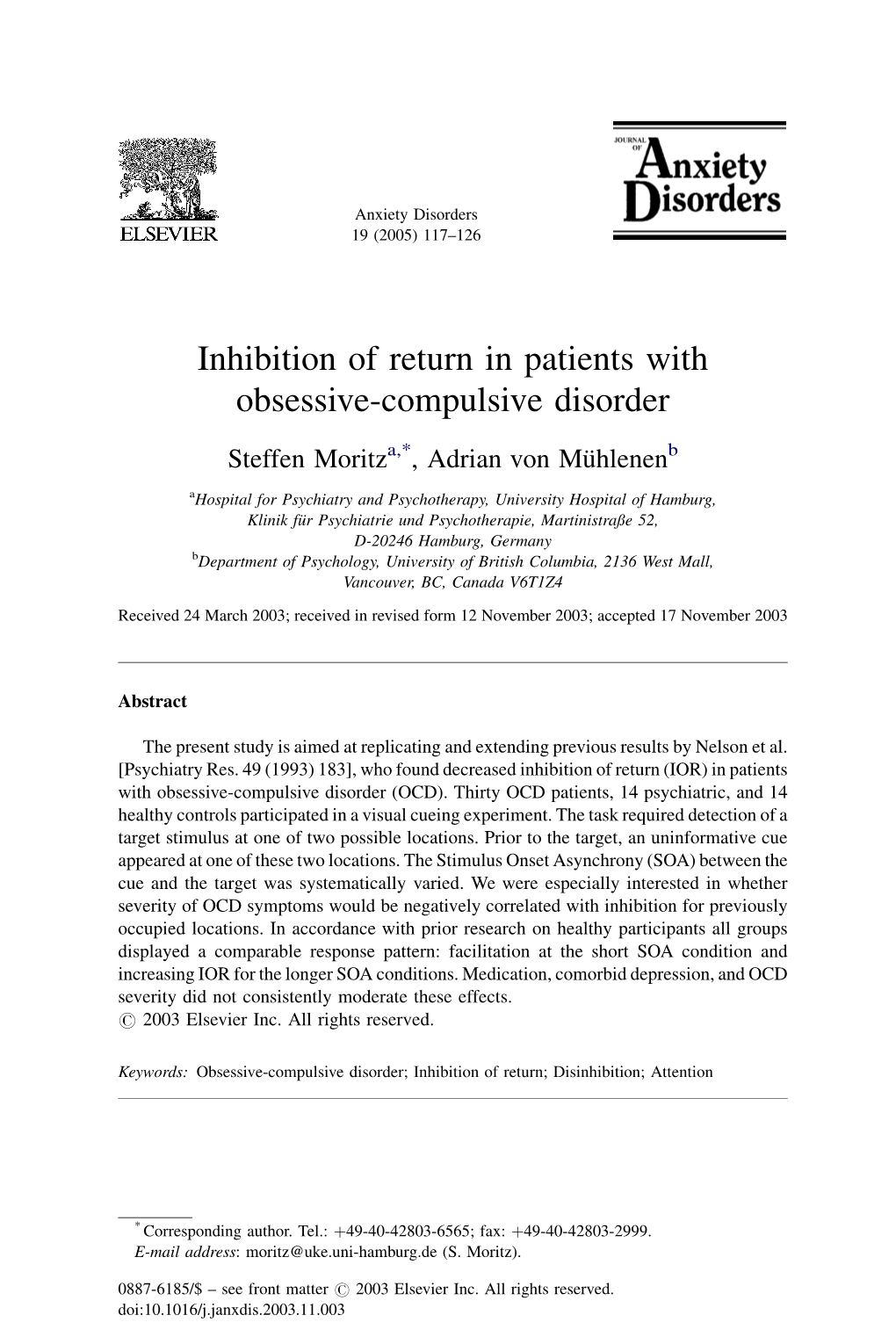 Inhibition of Return in Patients with Obsessive-Compulsive Disorder