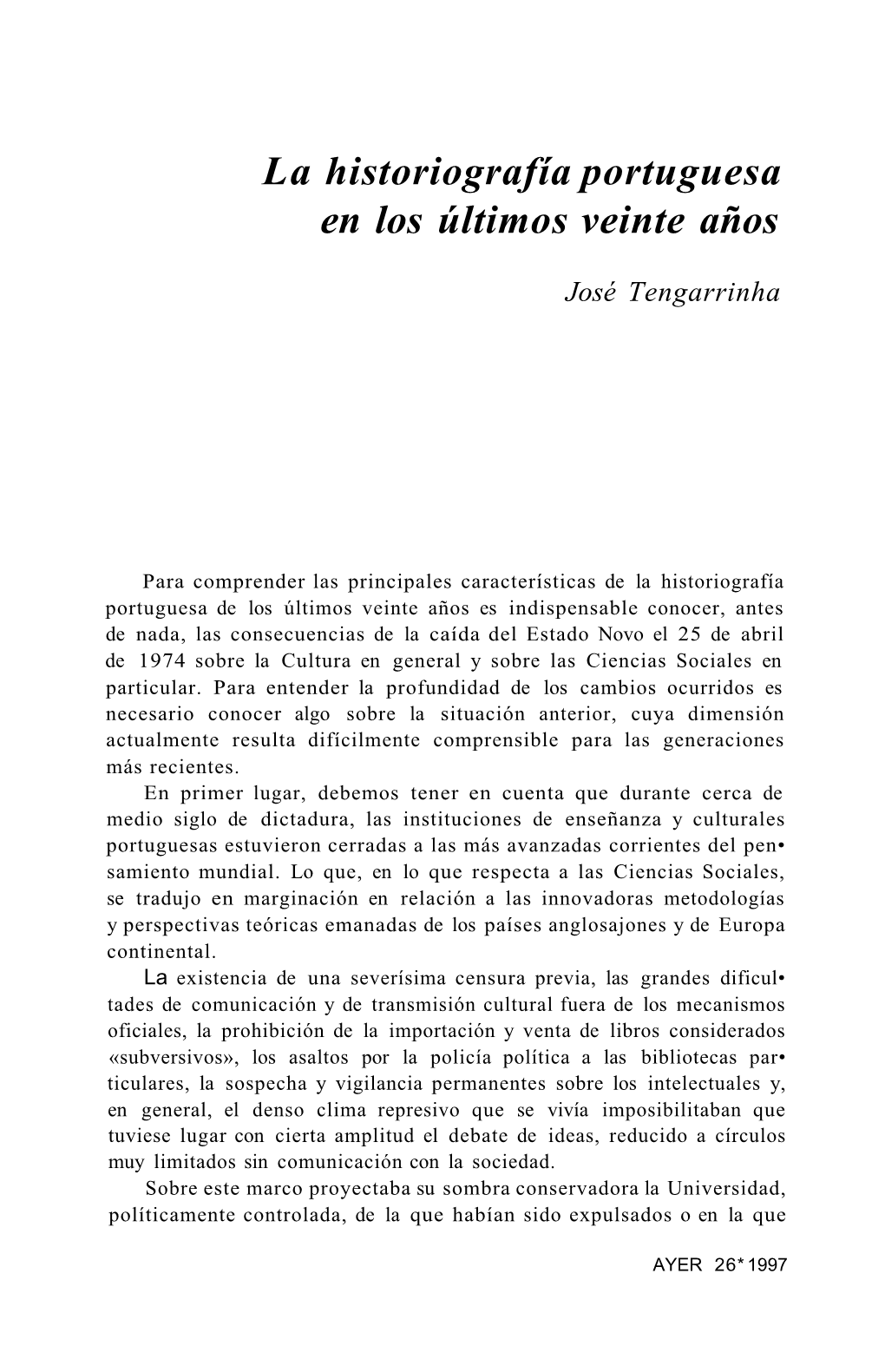 La Historiografía Portuguesa En Los Últimos Veinte Años