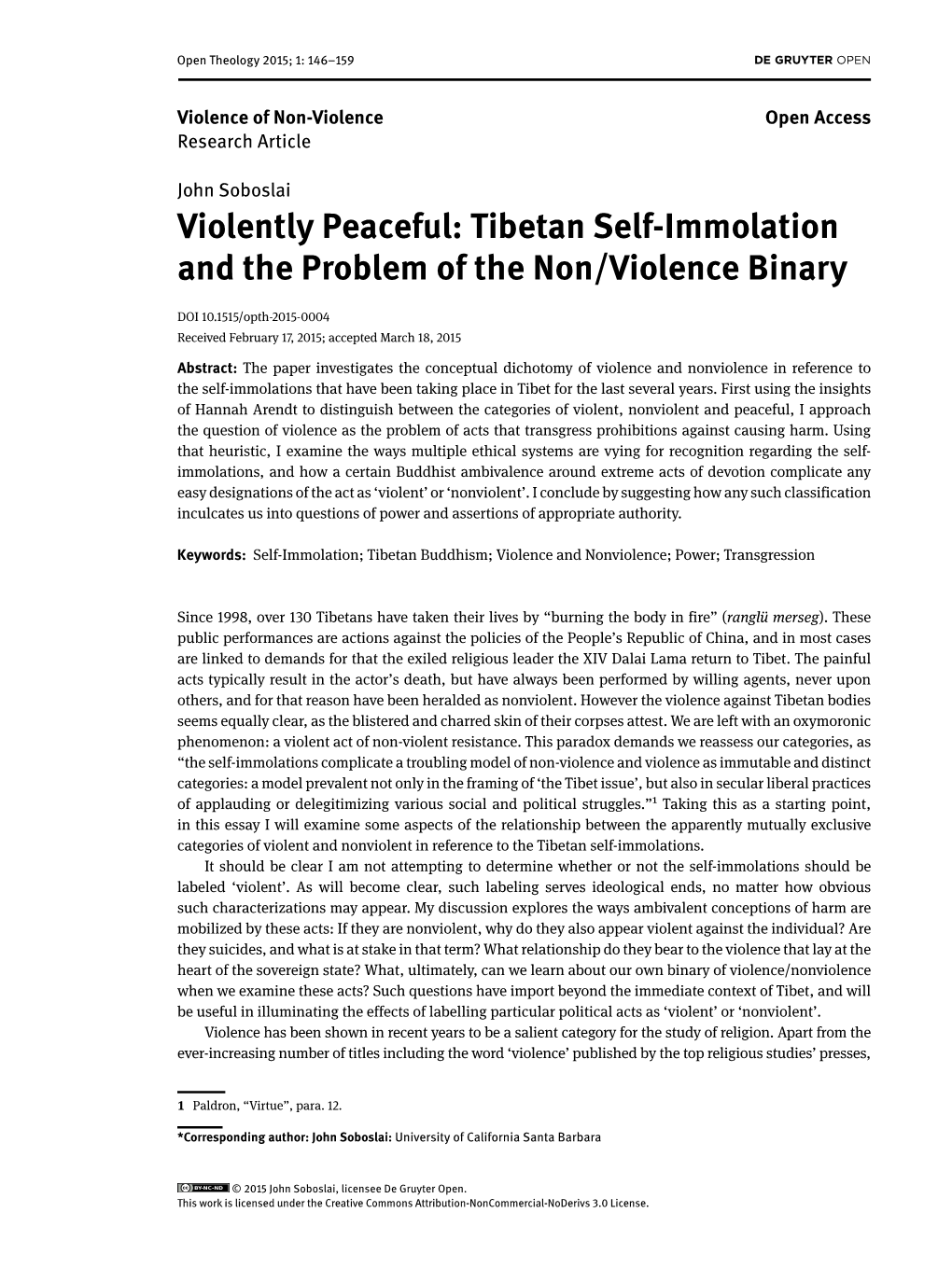 Tibetan Self-Immolation and the Problem of the Non/Violence Binary