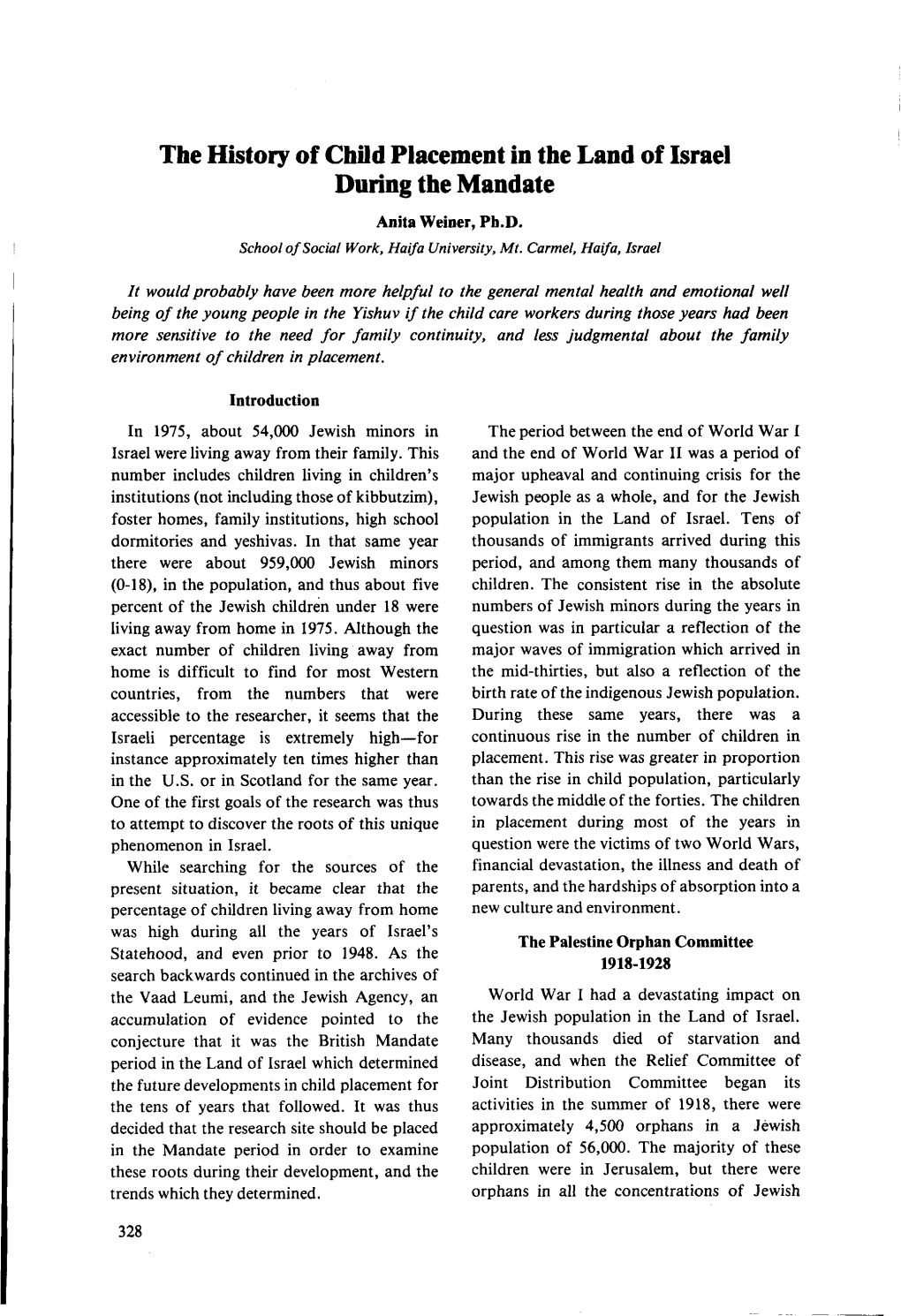 The History of Child Placement in the Land of Israel During the Mandate