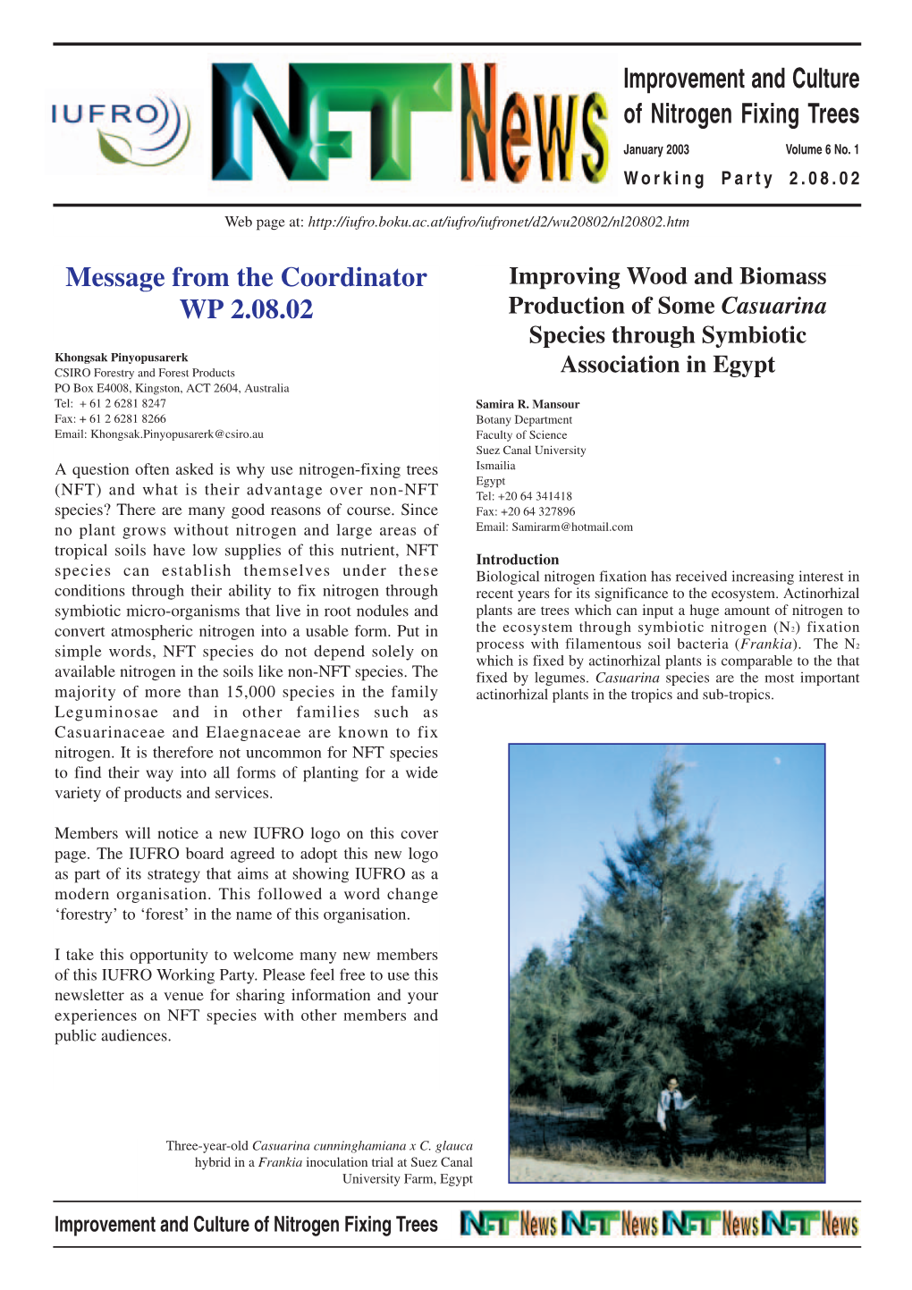 Improvement and Culture of Nitrogen Fixing Trees Message from The