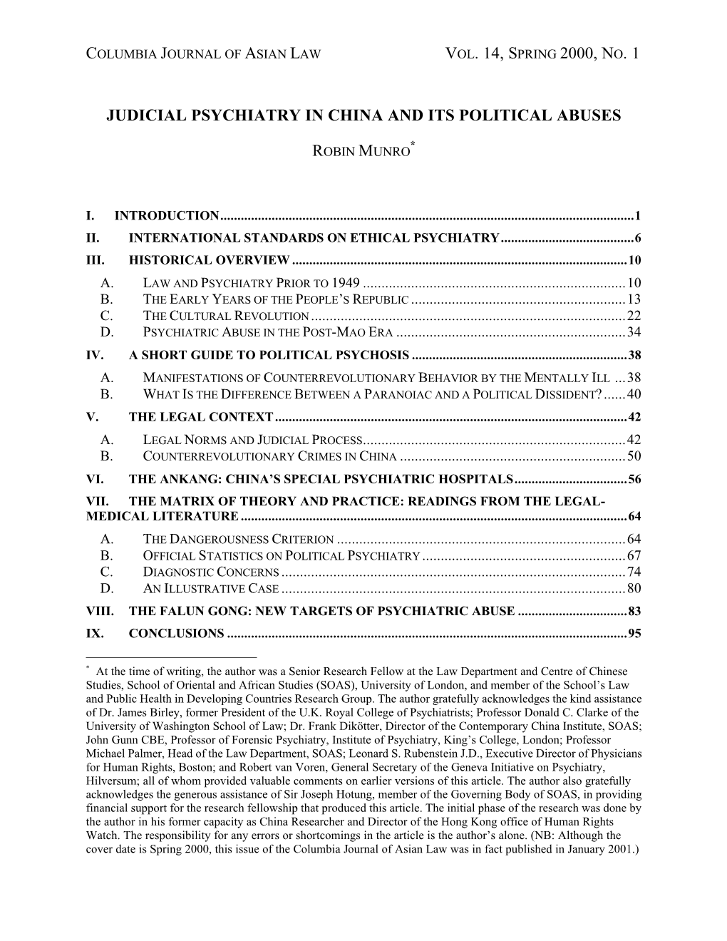 Vol. 14, Spring 2000, No. 1 Judicial Psychiatry in China