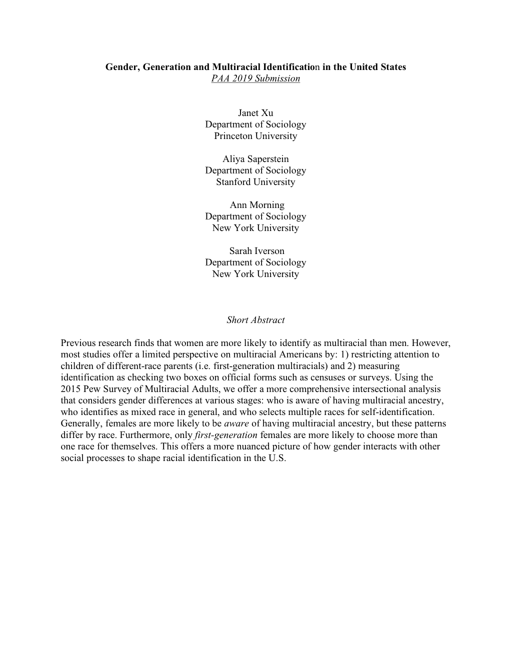 Gender, Generation and Multiracial Identification in the United States PAA 2019 Submission