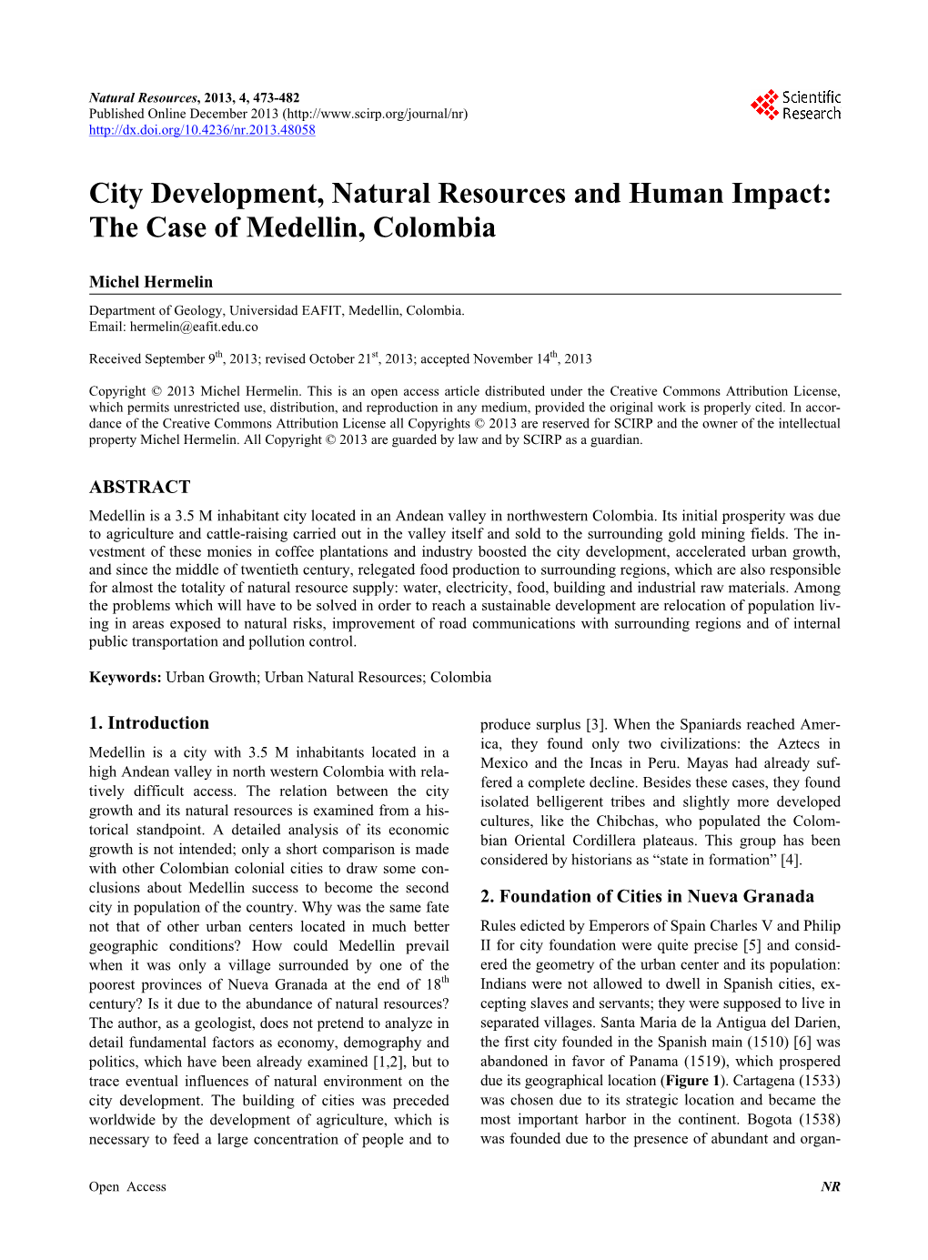 City Development, Natural Resources and Human Impact: the Case of Medellin, Colombia