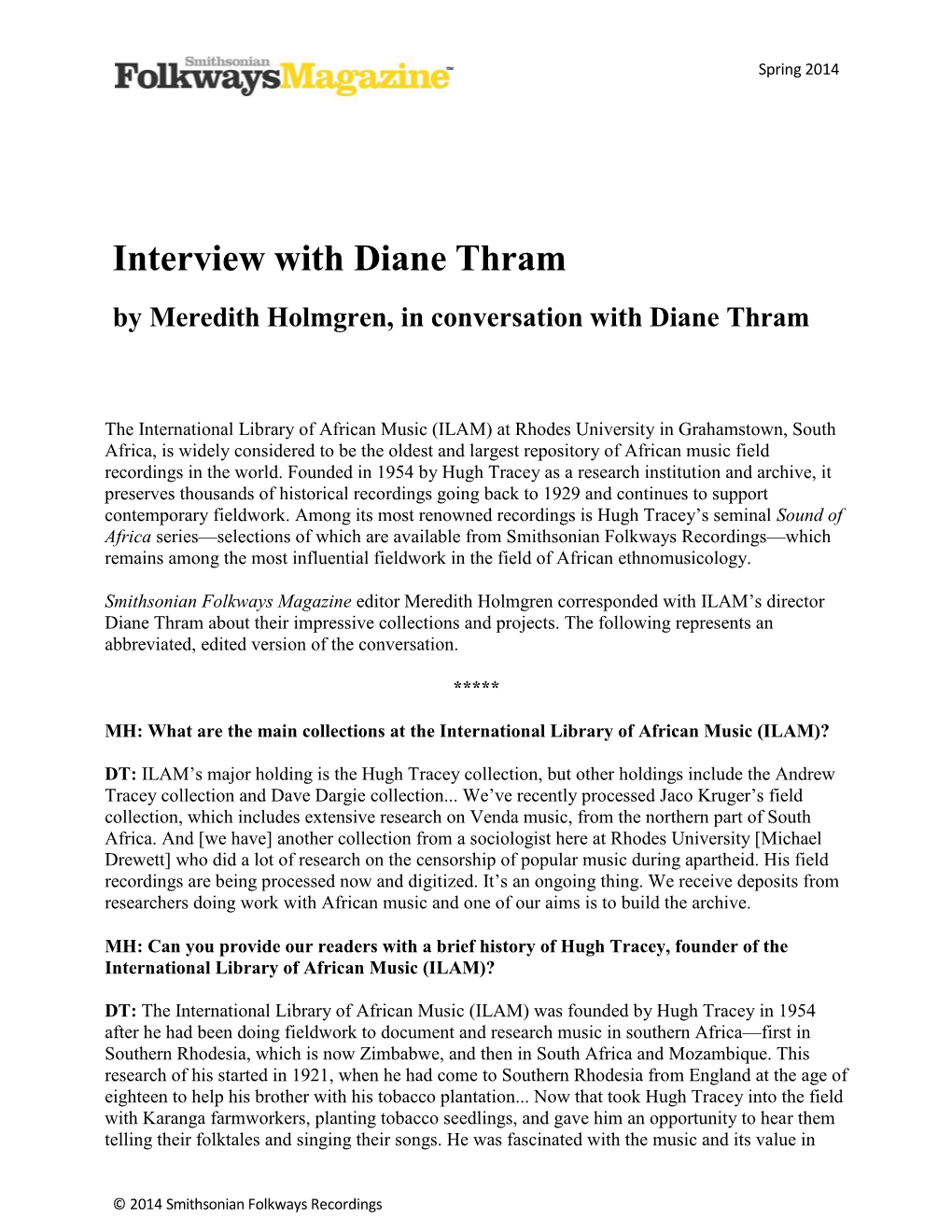 Interview with Diane Thram by Meredith Holmgren, in Conversation with Diane Thram