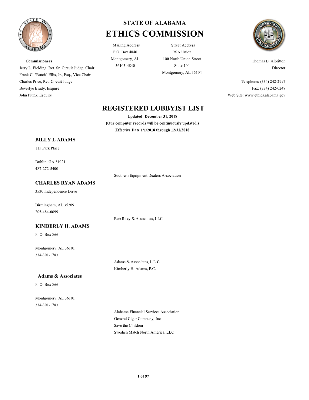 2018 Registered Lobbyist List