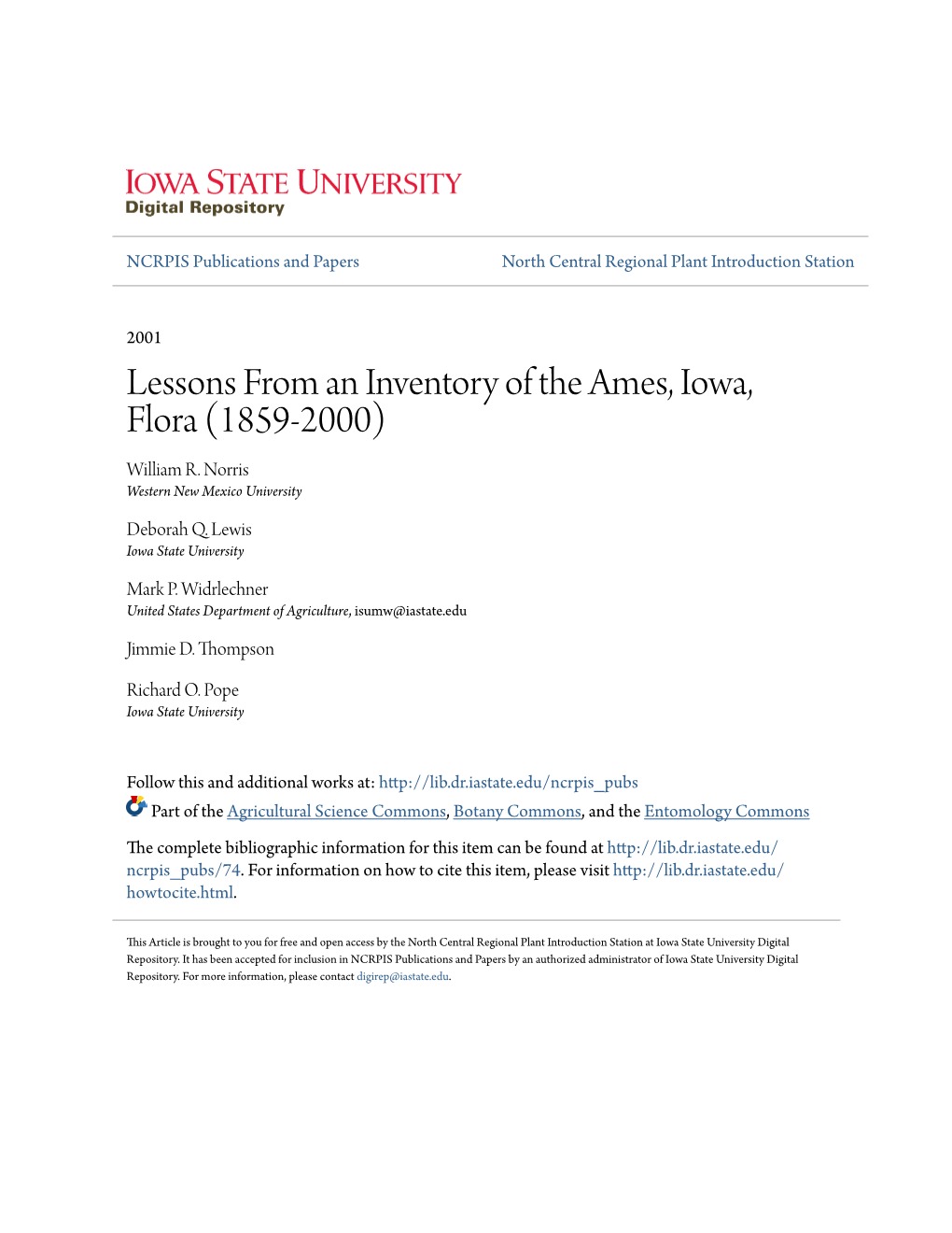 Lessons from an Inventory of the Ames, Iowa, Flora (1859-2000) William R