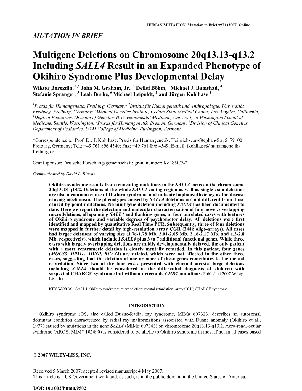 SALL1 Mutation Analysis in Townes-Brocks Syndrome: 11 Novel