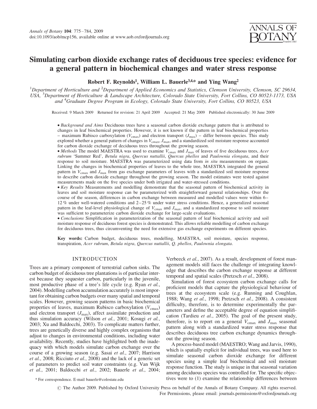 Simulating Carbon Dioxide Exchange Rates of Deciduous Tree Species: Evidence for a General Pattern in Biochemical Changes and Water Stress Response